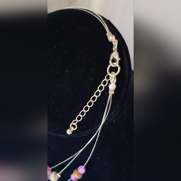 Vintage  Purple and Wooden Beaded Wire Strand Necklace - Picture 5 of 7